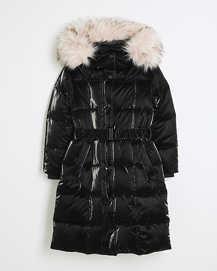 Girls Black Pink Faux Fur Puffer Coat