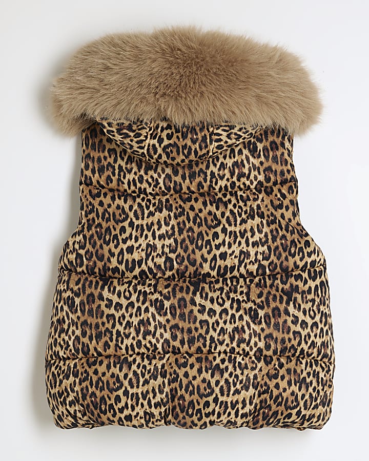 Girls Brown Leopard Padded Gilet