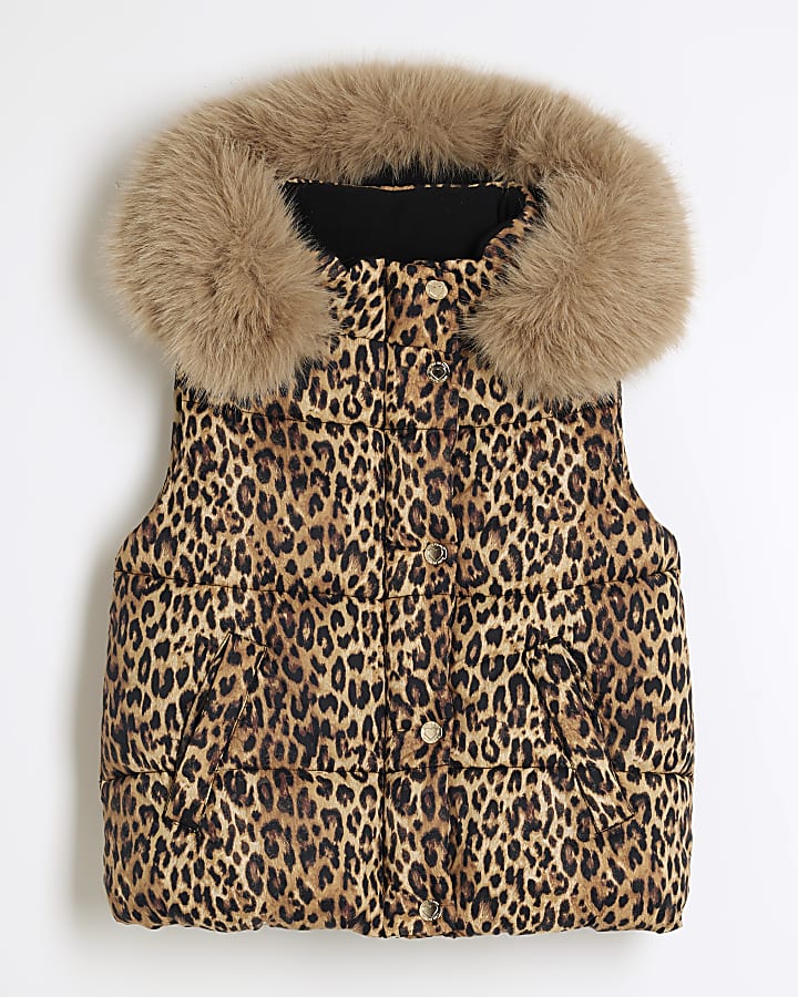 Girls Brown Leopard Padded Gilet