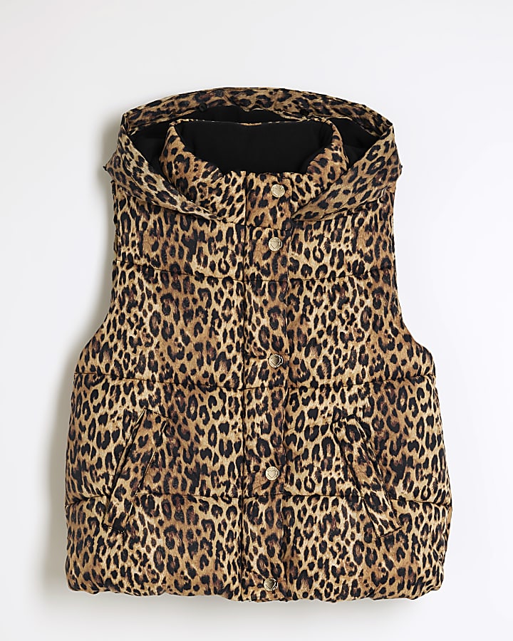 Girls Brown Leopard Padded Gilet