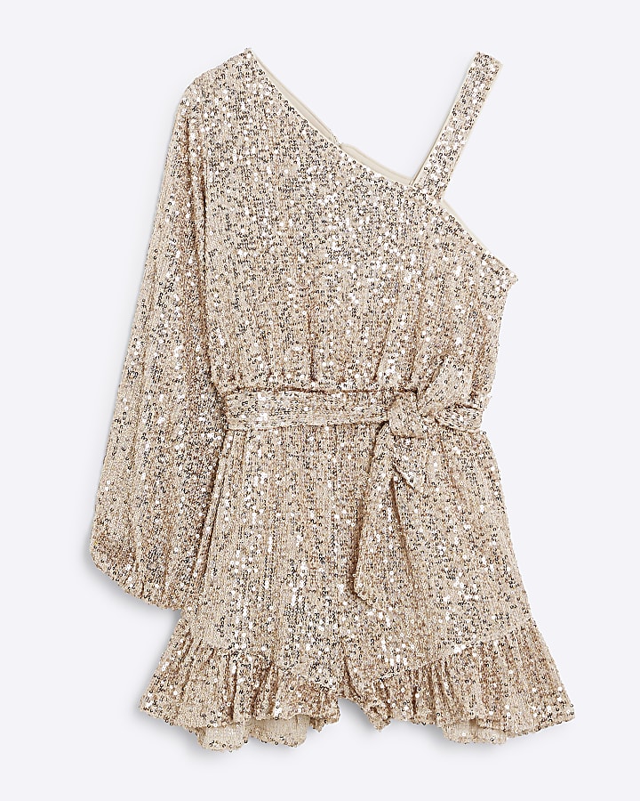 Girls rose gold sequin one shoulder playsuit