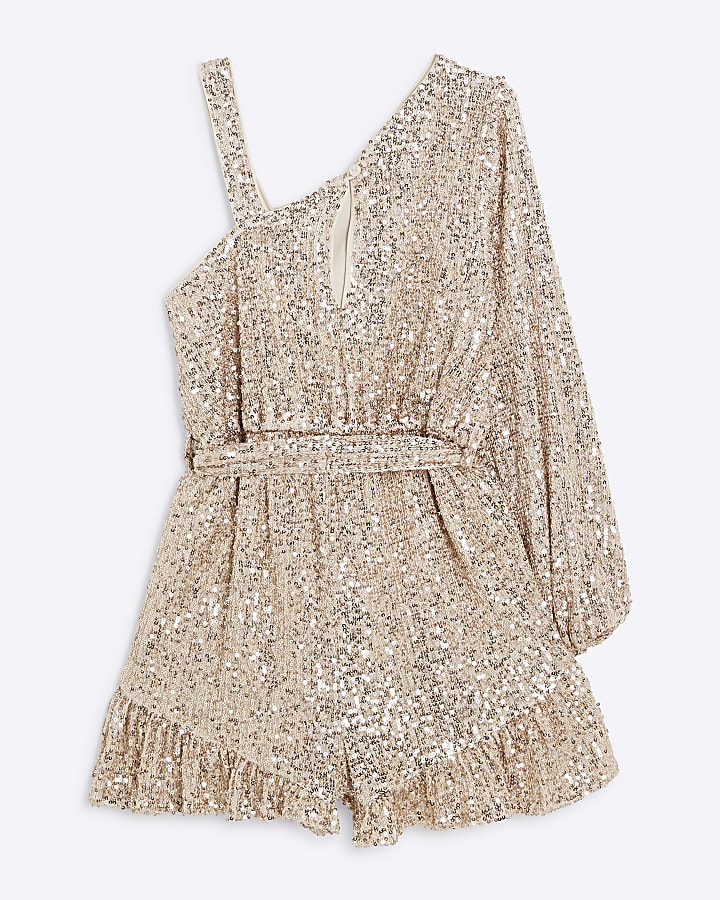 Girls rose gold sequin one shoulder playsuit