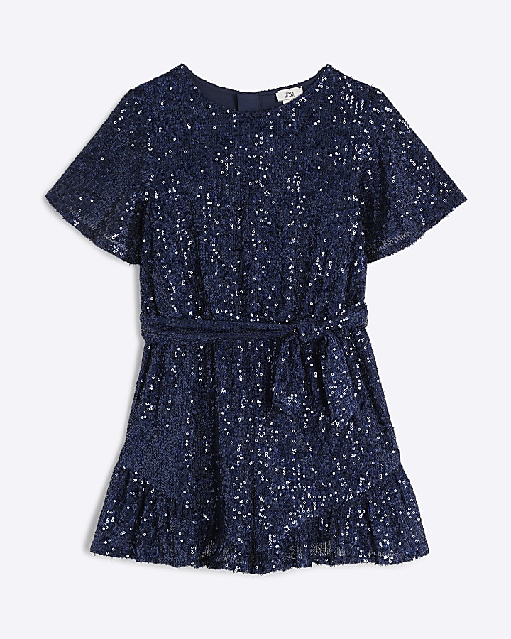 Girls navy sequin belted playsuit River Island