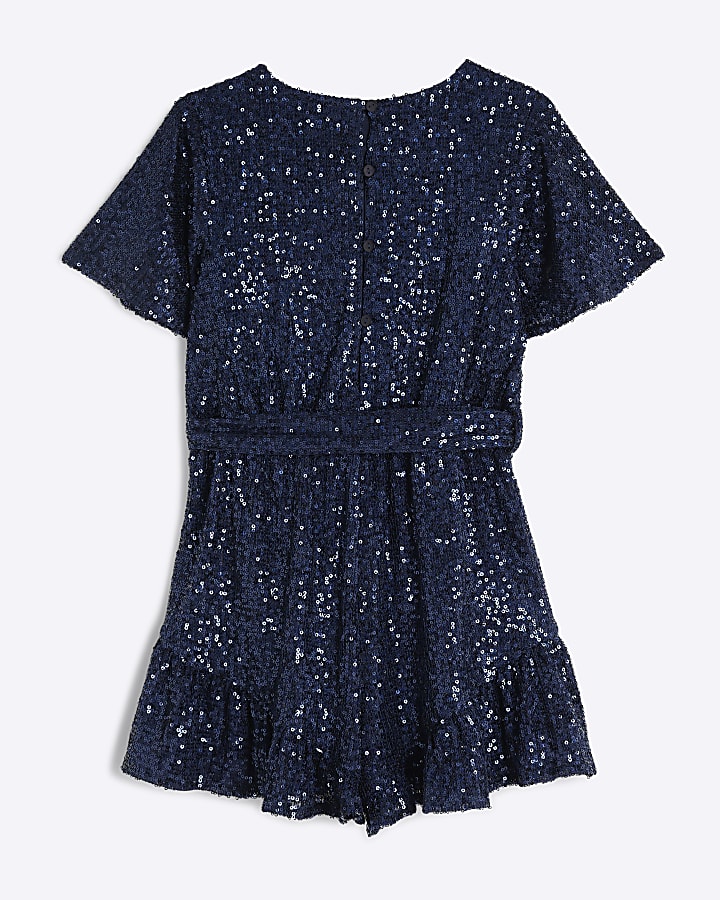 Girls navy sequin belted playsuit