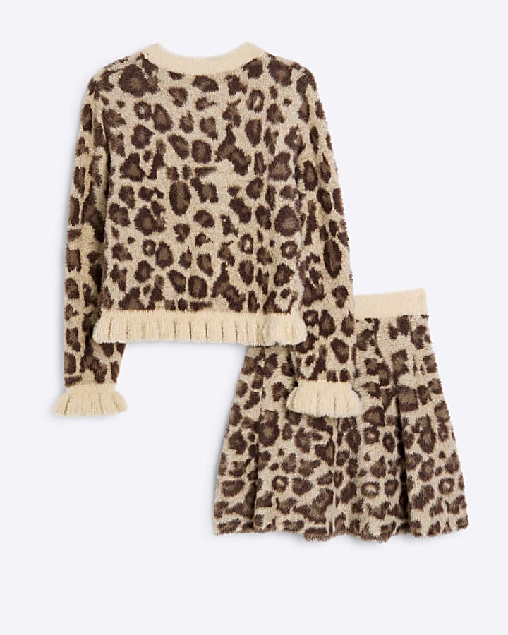 Girls Brown Leopard Jumper And Skirt Set