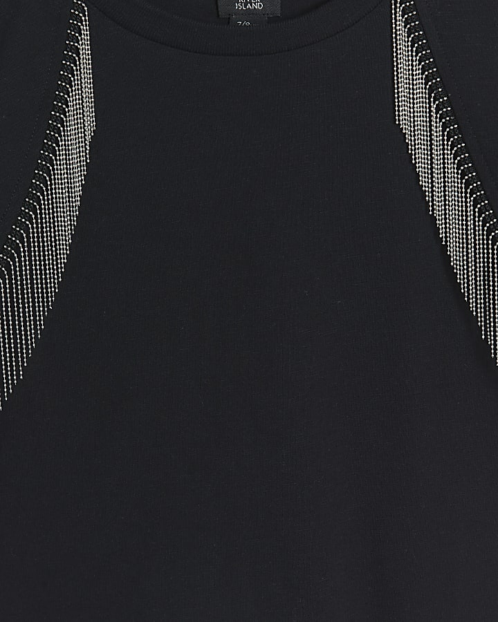 Girls Black Diamante Fringe T-Shirt