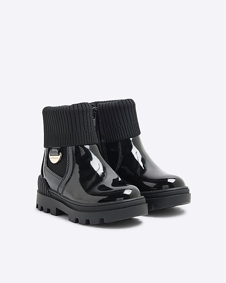 Mini Girls Black Patent Knit Chelsea Boot