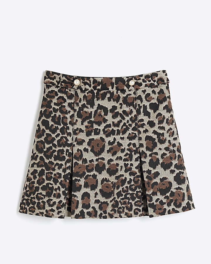 Girls beige leopard print pleated skirt River Island