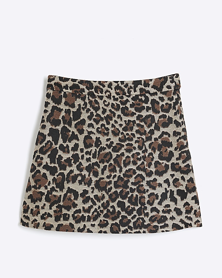 Girls beige leopard print pleated skirt