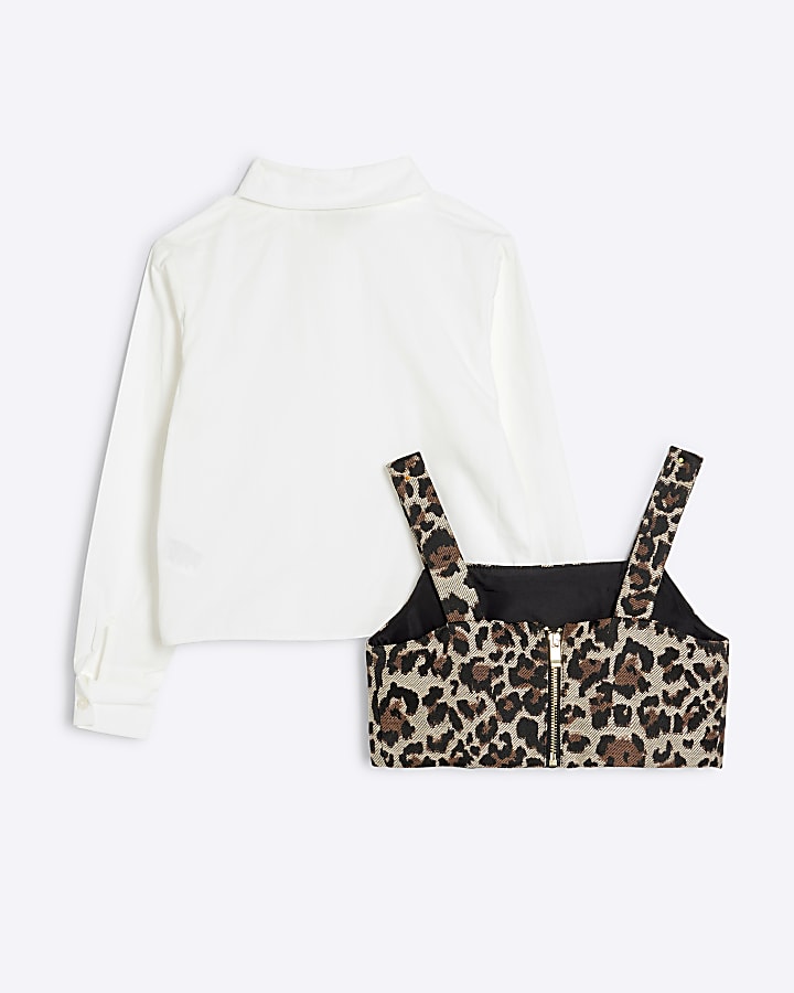 Girls Brown Leopard Crop Top and Shirt Set