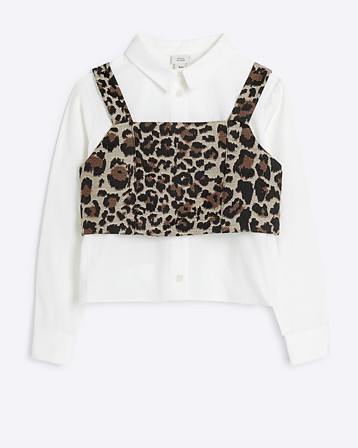 Girls Brown Leopard Crop Top and Shirt Set