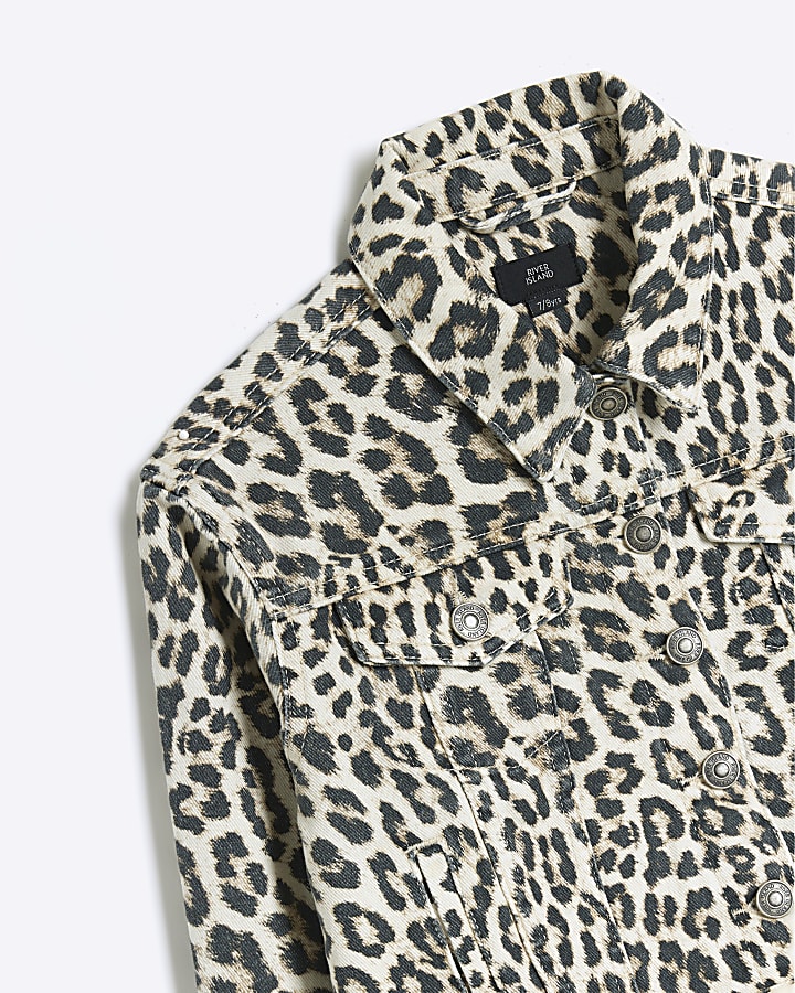 Girls brown leopard print denim jacket