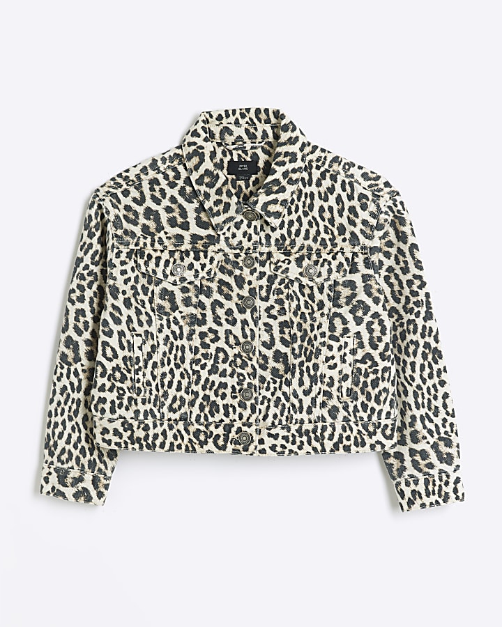 Girls brown leopard print denim jacket River Island