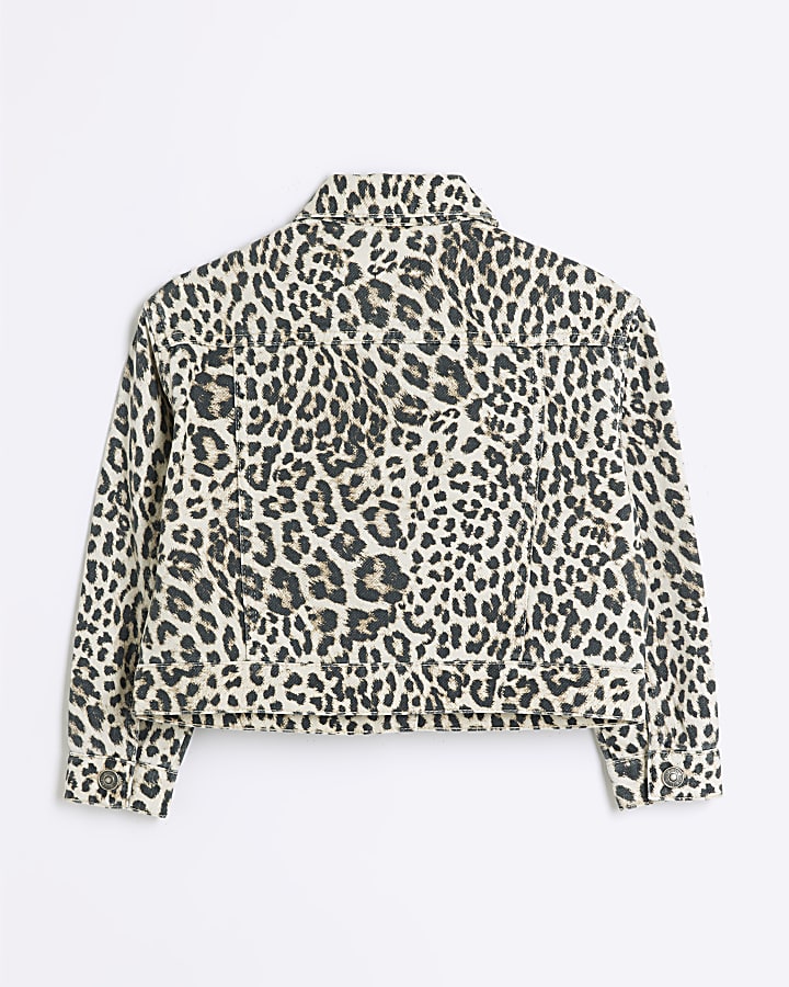 Girls brown leopard print denim jacket