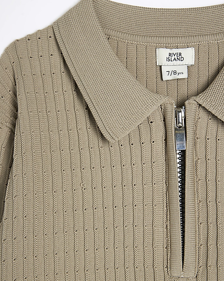 Boys Beige Long Sleeve Knitted Polo Shirt