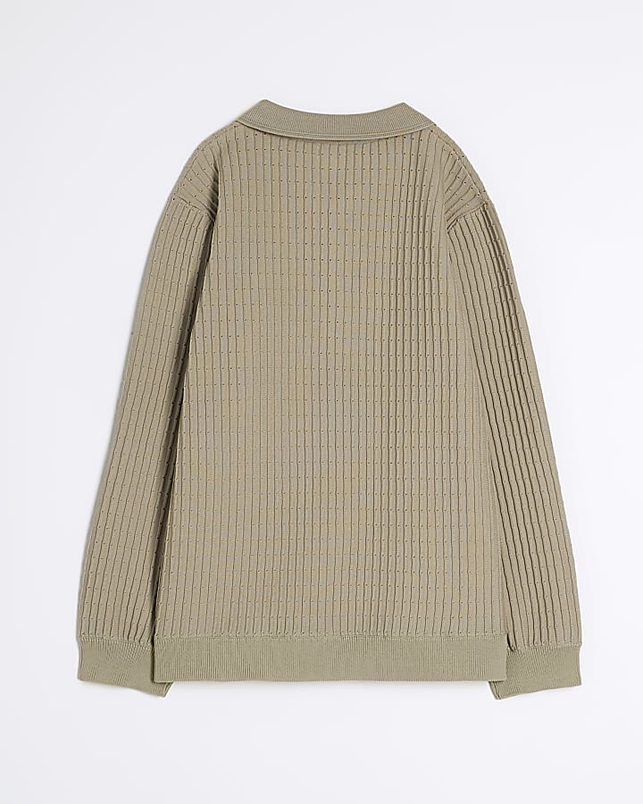 Boys Beige Long Sleeve Knitted Polo Shirt