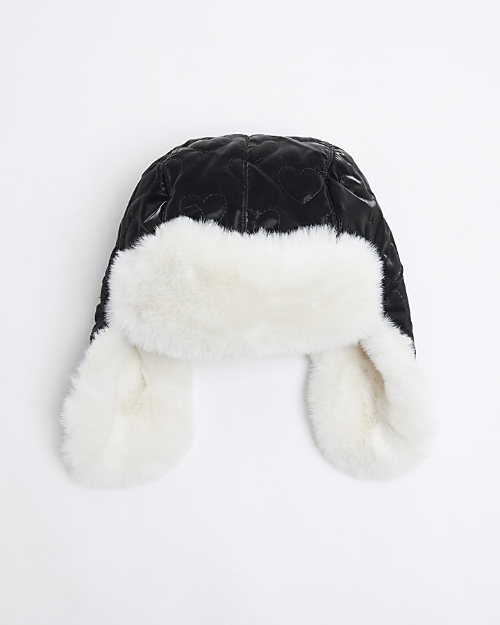 Girls Black Padded Heart Trapper Hat