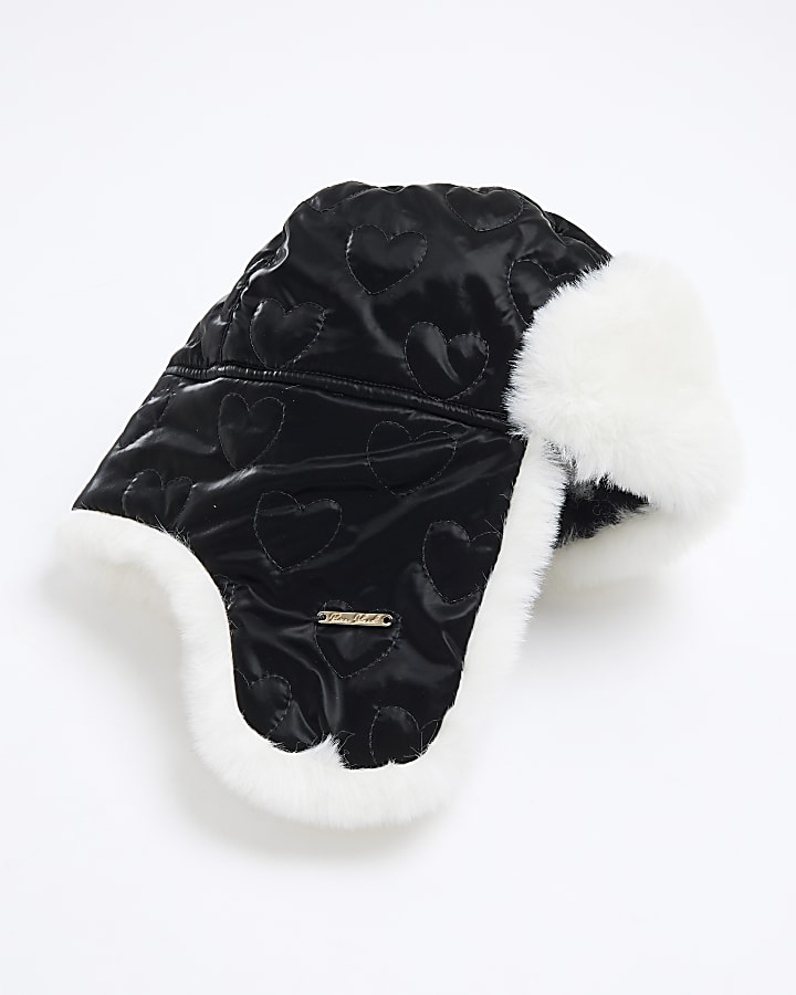 Girls Black Padded Heart Trapper Hat