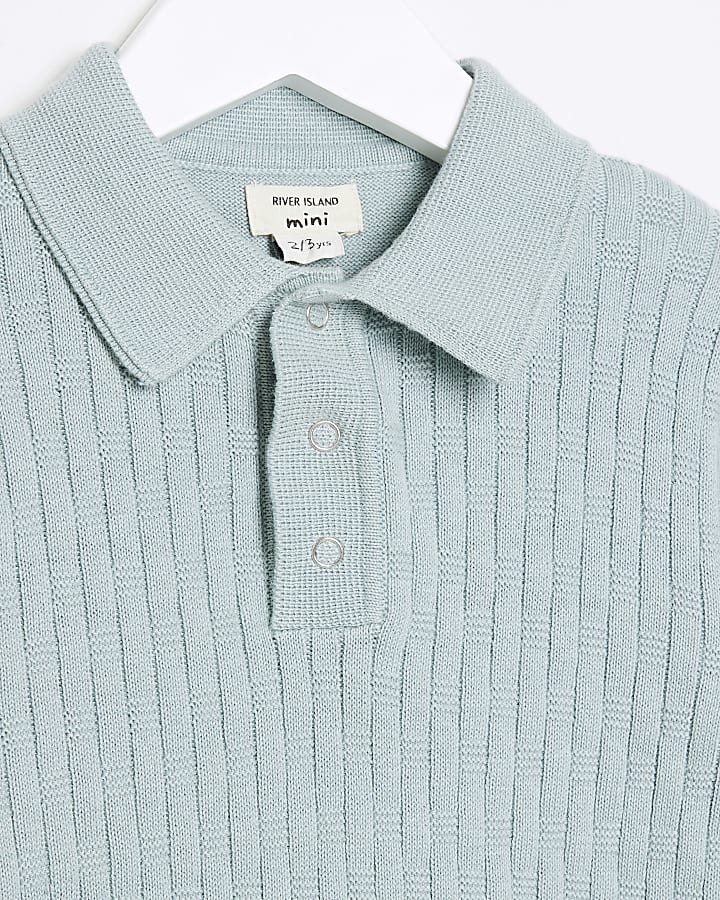 Mini Boys Green Long Sleeve Stitch Polo Shirt