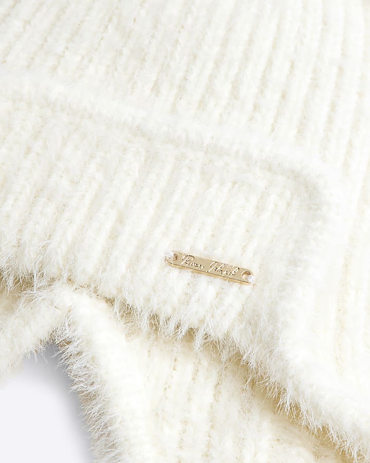 Girls Cream Double Pom Pom Trapper Hat