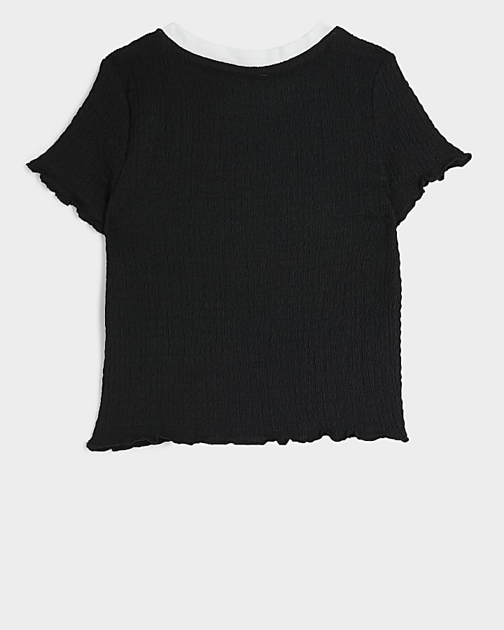 Girls Black Textured Graphic Print T-shirt