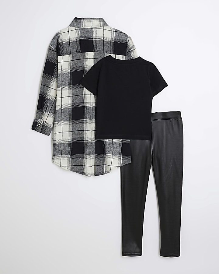 Girls Black Check Shirt and PU Leggings Set