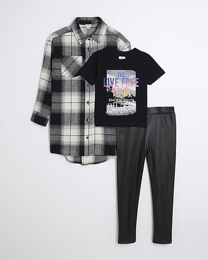 Girls Black Check Shirt and PU Leggings Set