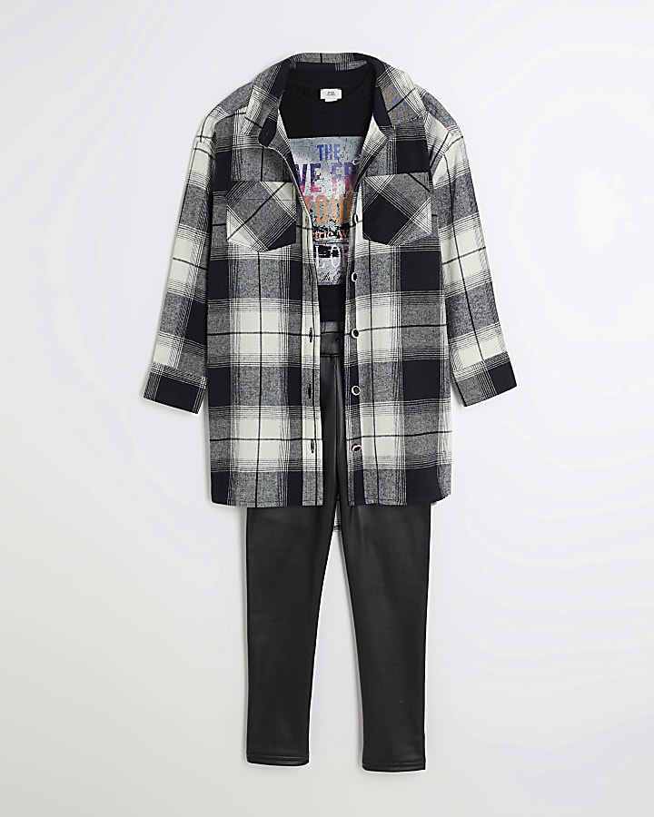 Girls Black Check Shirt and PU Leggings Set