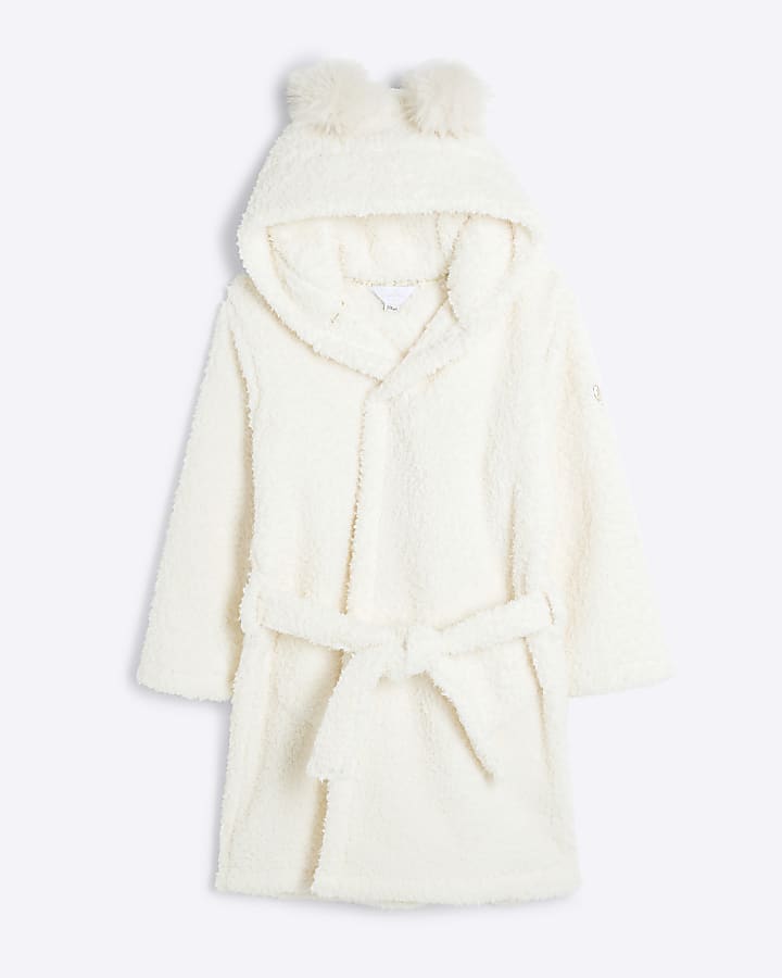 Girls Beige Borg Pom Hooded Robe