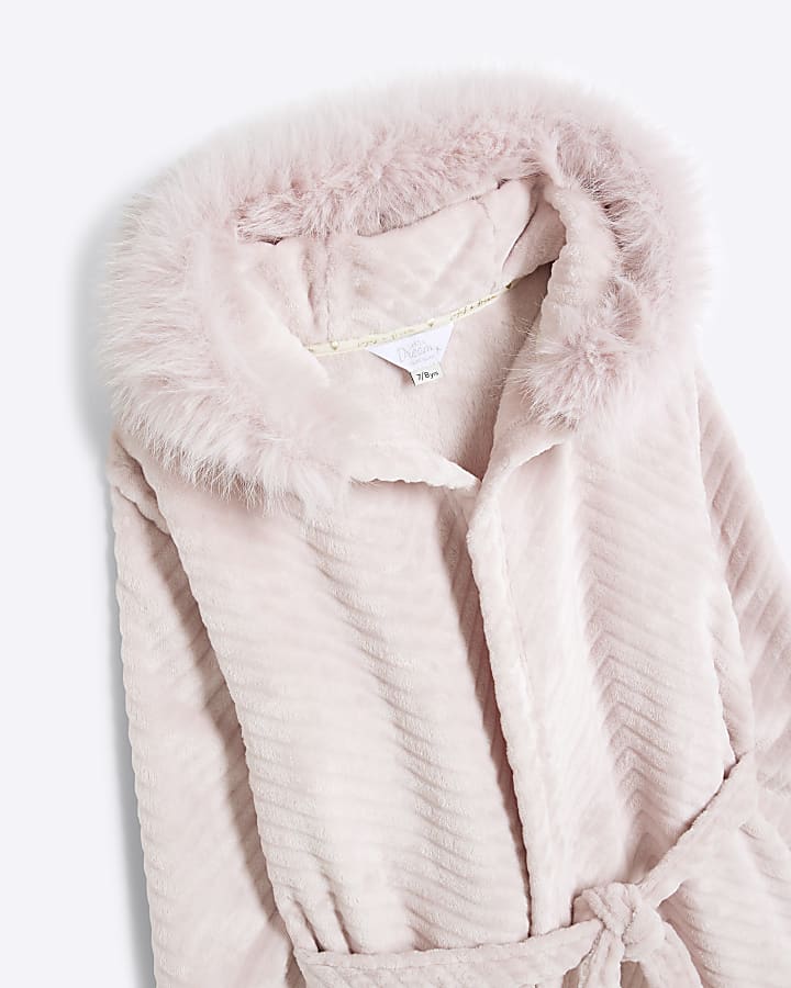 Girls Pink Faux Fur Hooded Robe