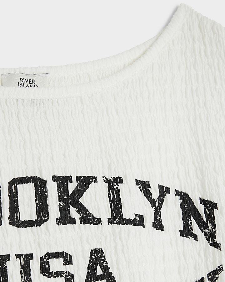 Girls White Textured Printed Crop T-Shirt