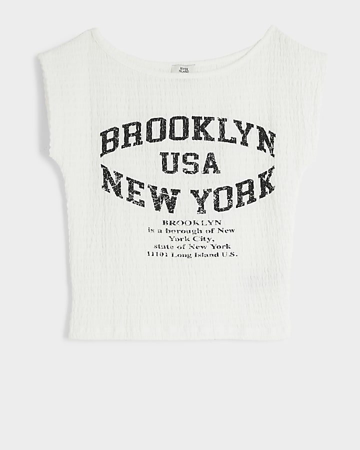 Girls White Textured Printed Crop T-Shirt