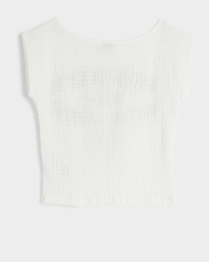 Girls White Textured Printed Crop T-Shirt