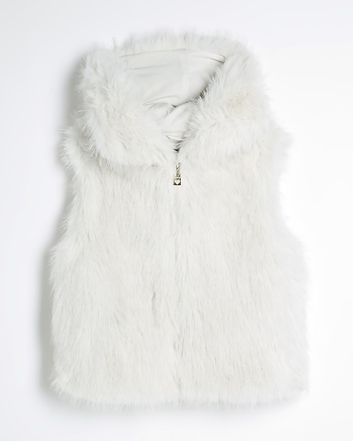 Girls Cream Faux Fur Hooded Gilet