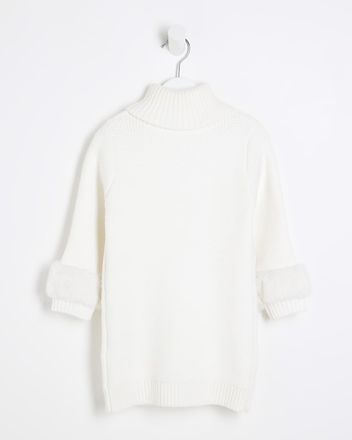 Mini Girls Cream Faux fur cuff dress