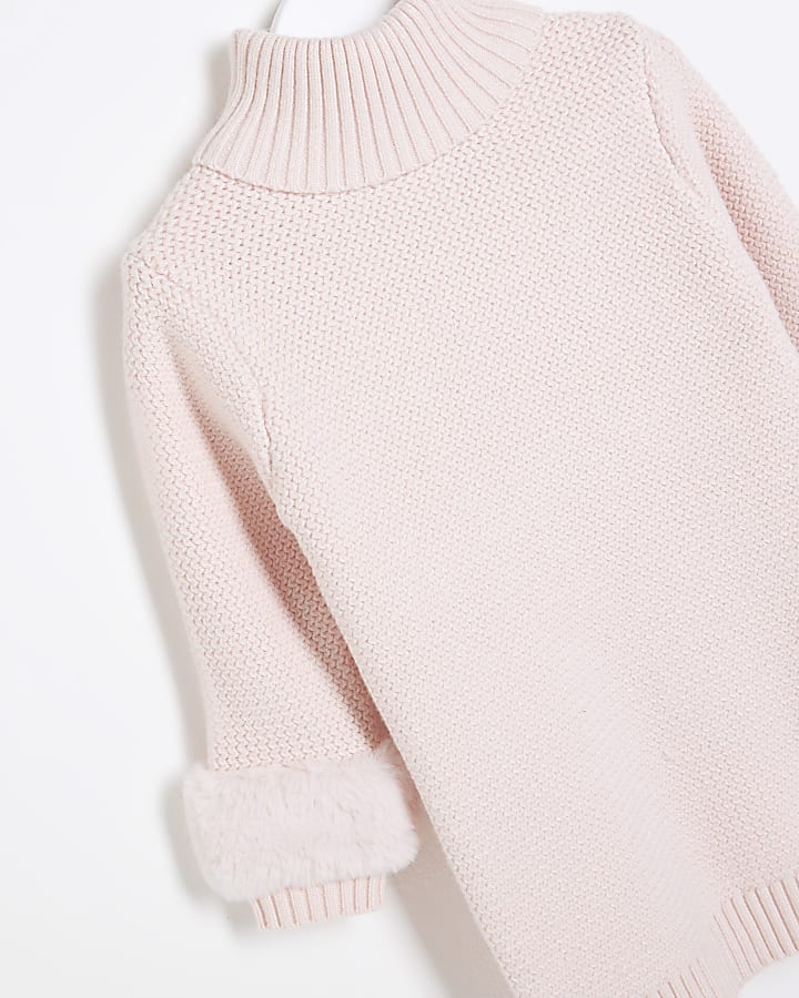 Mini Girls Pink Faux fur cuff dress