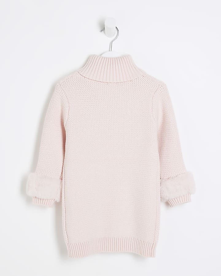 Mini Girls Pink Faux fur cuff dress