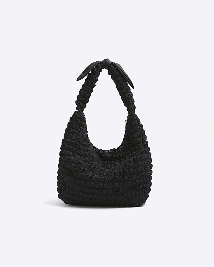 Girls black textured bow shopper bag