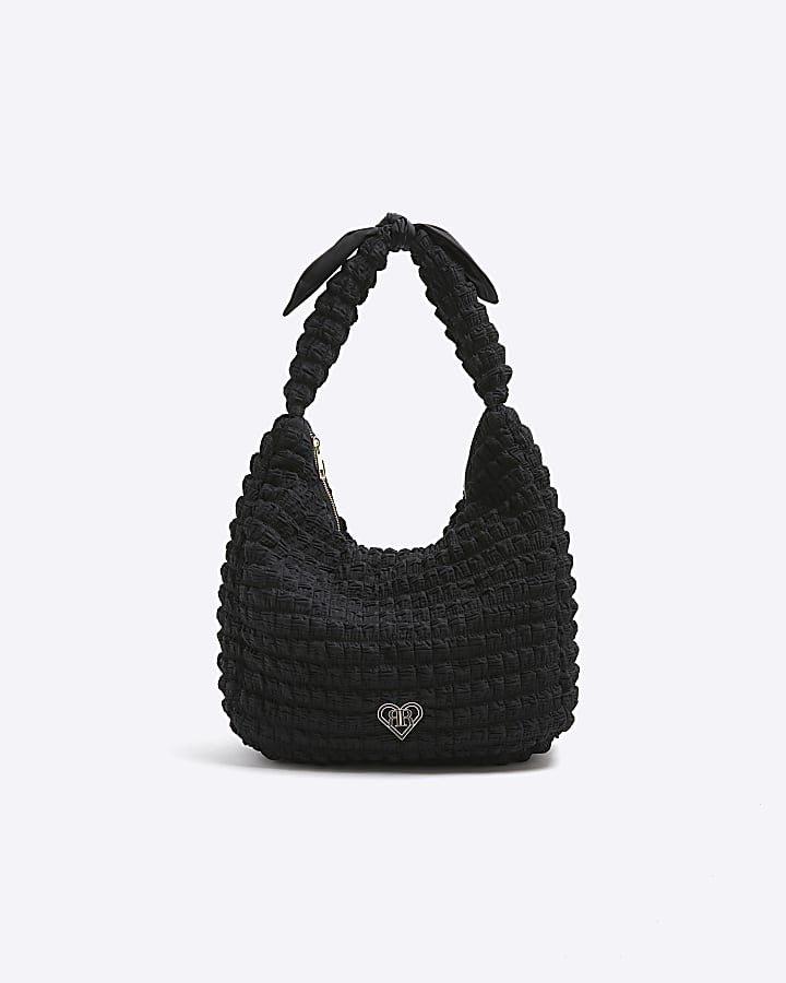 Girls black textured bow shopper bag