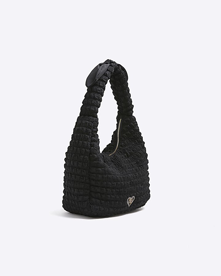 Girls black textured bow shopper bag