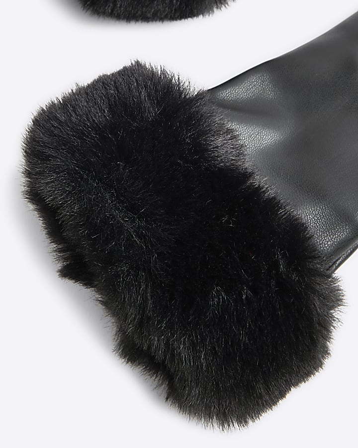 Girls Black Faux Leather Faux Fur Trim Gloves