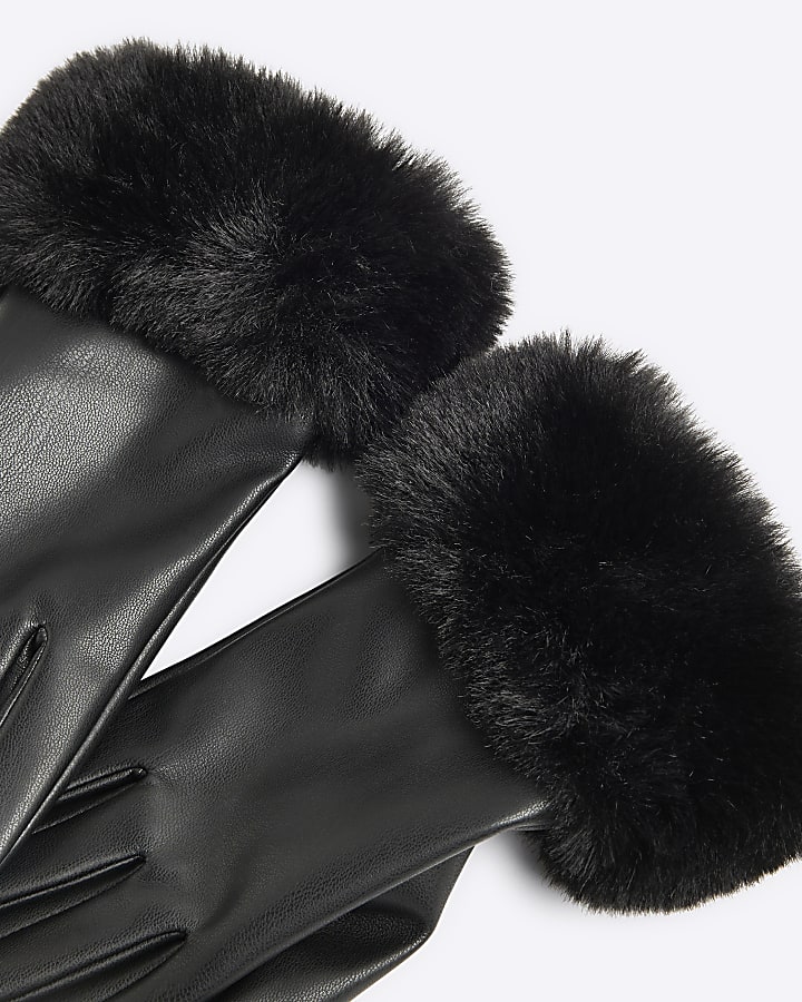 Girls Black Faux Leather Faux Fur Trim Gloves