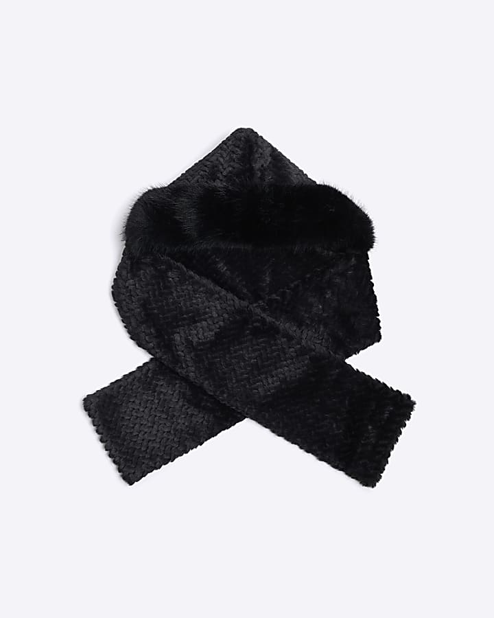 Girls Black Faux Fur Hooded Scarf