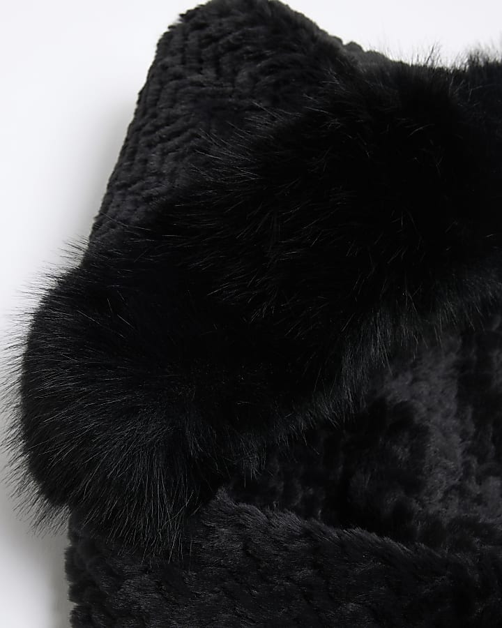 Girls Black Faux Fur Hooded Scarf