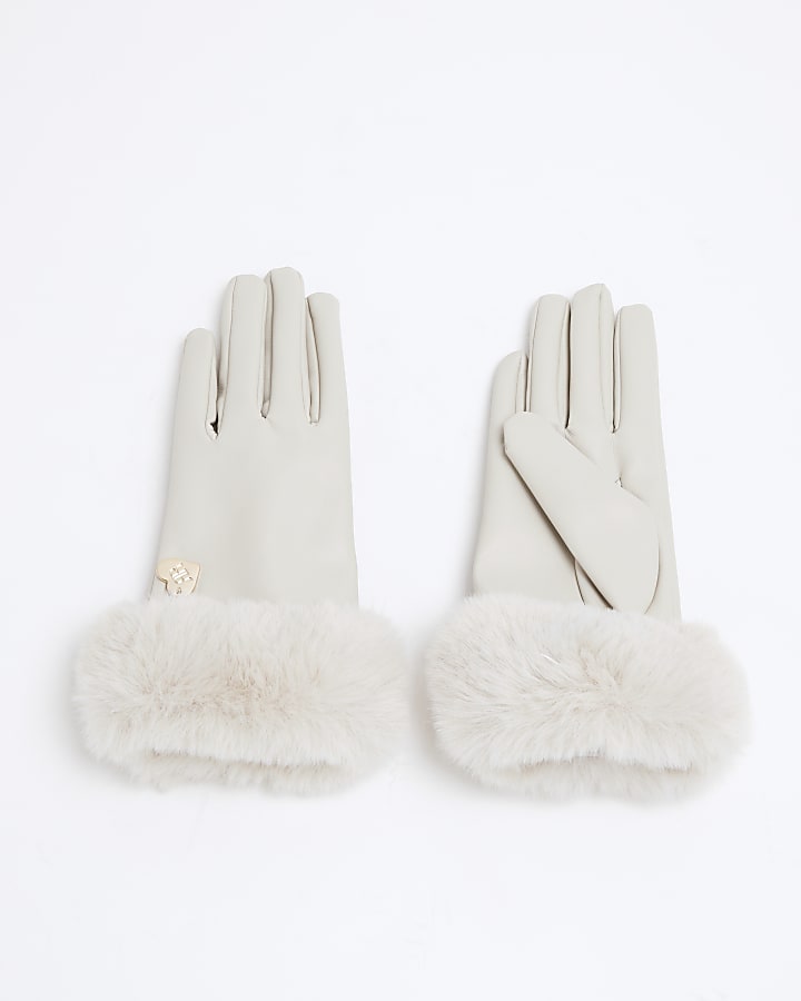 Girls Cream Faux Leather Faux Fur Cuff Gloves