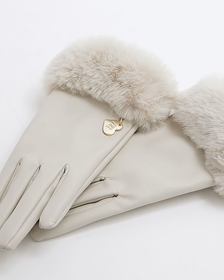 Girls Cream Faux Leather Faux Fur Cuff Gloves