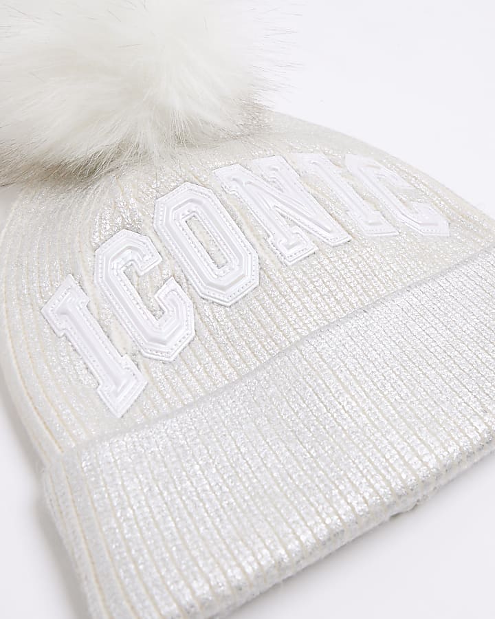 Girls Cream Metallic Iconic Beanie