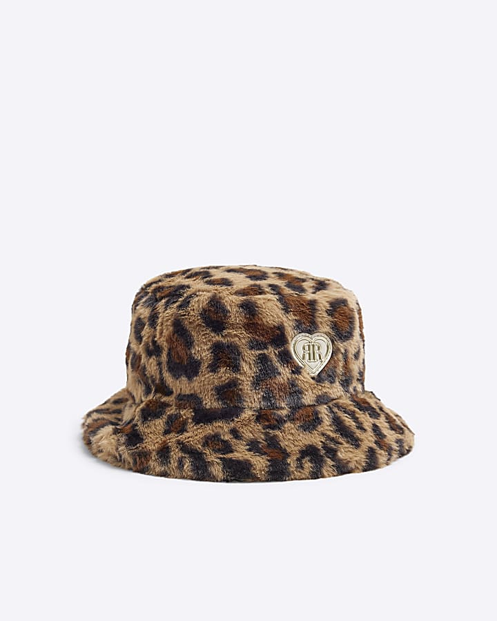 Girls Beige Leopard Print Faux Fur Bucket Hat