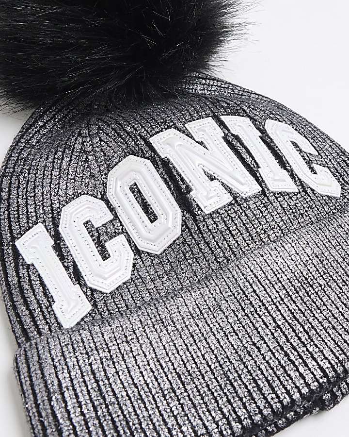 Girls Black Metallic Iconic Beanie