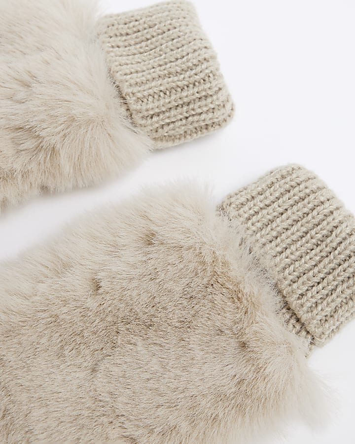 Girls Beige Faux Fur Beret And Mitten Set